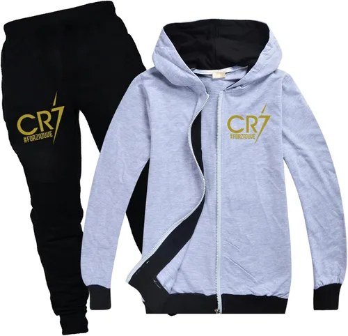 Vista 3 de ENDOH CR7 - Conjunto deportivo ligero con capucha y cremallera completa, chaqueta Ronaldo y pantalones deportivos para niños, conjunto de 2 piezas