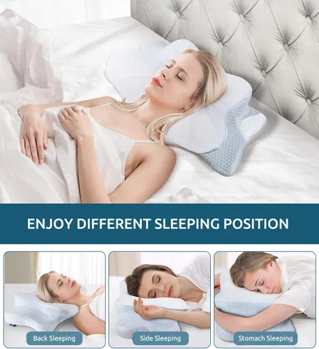 Vista 4 de Almohada cervical de espuma viscoelástica para cuello y hombros, almohada cervical de contorno ergonómico para dormir con 2 alturas, almohadas