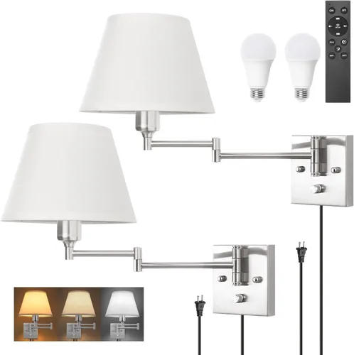 Vista 11 de TRLIFE Aplique de pared enchufable, juego de 2 lámparas de pared regulables con brazo oscilante de níquel cepillado, cable de enchufe y interruptor