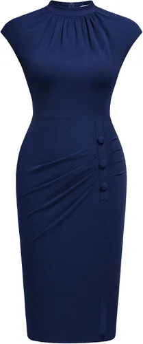 Vista 2 de AISIZE Women's Retro Half Collar Ruched Slim Cocktail Pencil Dress
