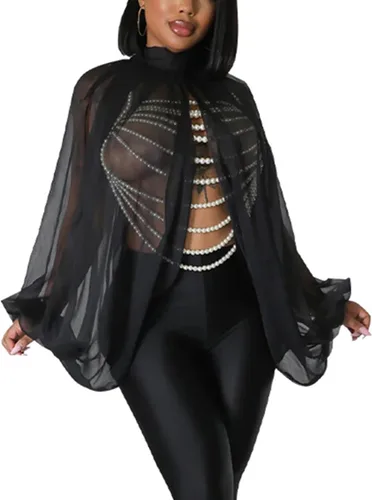 Vista 2 de Tops Sexys para Mujer Fiesta Club Noche con Mangas de Murciélago de Gasa Transparente con Lazo Trasero en la Parte Frontal Camisas de Mujer Casuales