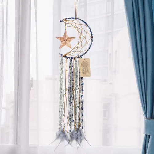 Vista 5 de Dremisland Atrapasueños Azul Hecho a Mano Diseño de Media Luna Atrapasueños de Pluma Colgante con Estrella Decoración del Hogar Ornamento Regalo