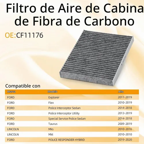 Vista 4 de Filtro de aire de cabina 6021C (CF11176) con carbón activado compatible con Ford Explorer Flex Taurus Police Interceptor Sedan 2011-2019.