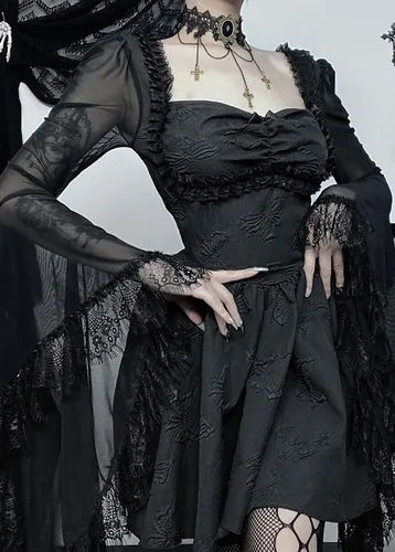 Vista 7 de Gothic Lolita Dresses for Women Flare Sleeve Velvet Grunge Dress Off Shoulder Vintage Aesthetic Harajuku Elegant Dresses