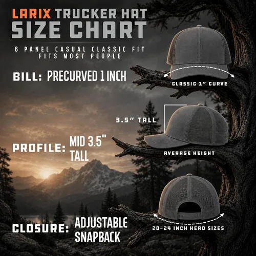 Vista 7 de Larix Hats for Men, Trucker Hat Men, Tamarack Mountain, Mesh Snapback Negro/ Gris