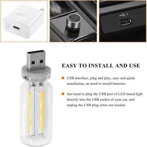 Vista 5 de Luz LED USB para el interior del automóvil, interfaz USB enchufable, luz ambiental retro, luces nocturnas de carga, lámpara de decoración
