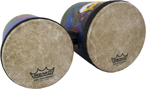 Vista 3 de Remo KD-5400-01 Kids Percussion Bongo Drum - Fabric Rain Forest, 5"-6" & RH-2106-00 Rhythm Club Pandereta - Rhythm Kids, 6