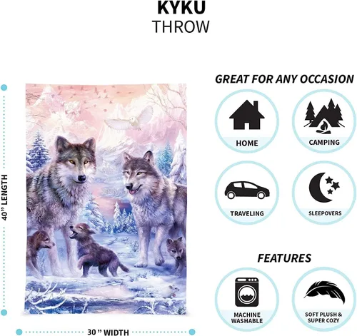 Vista 6 de KYKU Mantas y mantas de lobo rosa, manta de vellón de lobos con animales decorativos de nieve para adultos y niños, diseño de amor familiar, bonito