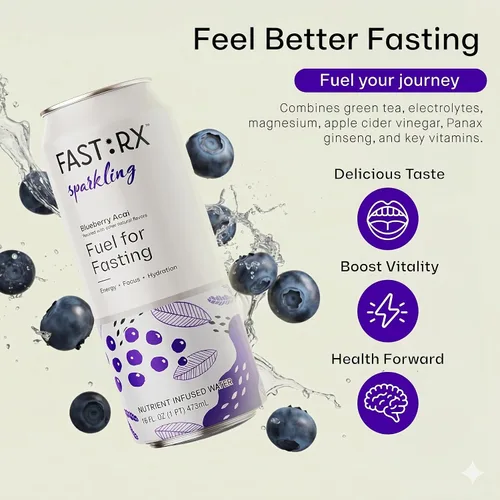 Vista 3 de FAST:RX Bebida de electrolitos en ayunas, hidratación sin azúcar, cero calorías, con vitaminas y minerales, ayuno intermitente y ceto, arándanos