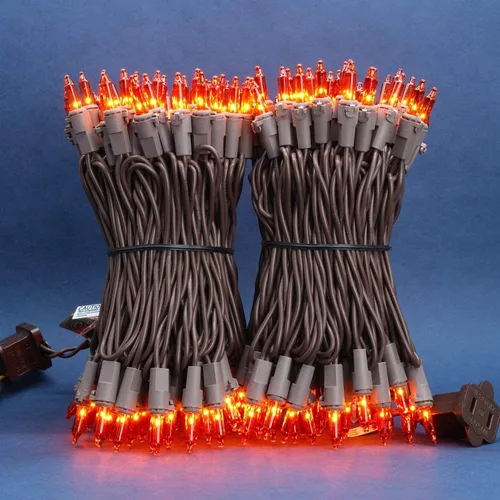 Vista 2 de 200 luces de Navidad naranjas, paquete de 2 hebras de 100 luces, 33 pies de cable marrón, luces de cadena de Halloween con certificación UL (naranja)