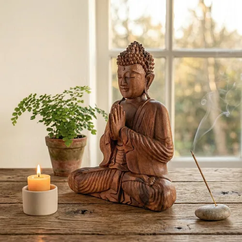Vista 6 de G6 Collection Estatua de Buda sentado de madera de 8 pulgadas, escultura meditadora hecha a mano, decoración decorativa para el hogar, decoración