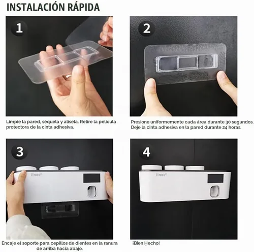Vista 3 de Desinfectante para cepillos de dientes, soporte autoadhesivo para cepillos de dientes con 3 tazas, dispensador exprimidor automático de pasta
