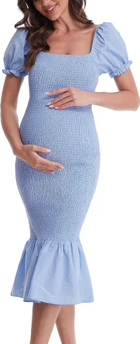 Vista 3 de Vestido de maternidad de verano a media pierna, manga corta abombada, cuello cuadrado, dobladillo con volantes, vestido de sirena para baby shower
