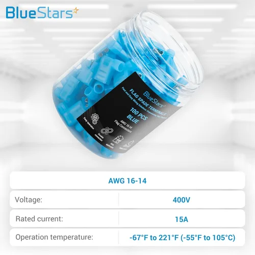 Vista 3 de BlueStars 100 terminales de pala de bandera azul hembra 16-14 AWG