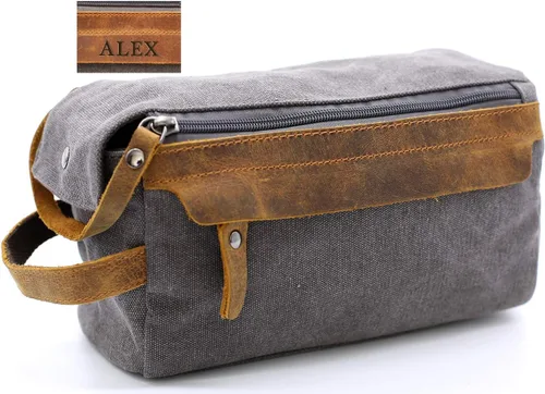 Vista 6 de Flow.month Neceser personalizado para hombres y mujeres – Kit de afeitado de viaje, kit de Dopp en cuero de caballo loco o lona, ideal para regalos