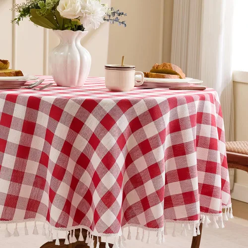 Vista 27 de JIALE - Mantel cuadrado de lino de algodón de cuadros Gingham con borlas, lavable, sin arrugas, mantel a cuadros de búfalo para fiesta al aire Beige