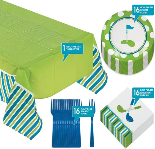 Vista 2 de Golf Par-Tee Pack - Platos de postre de papel, servilletas de almuerzo, tenedores y cubiertas de mesa (sirve 16)