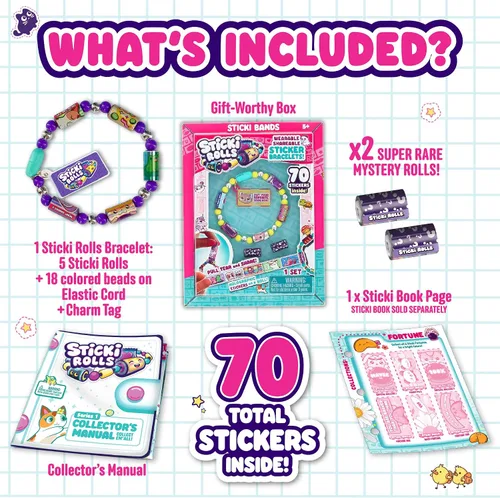 Vista 9 de Rollos de calcomanías Sticki - Pulsera de juguete de calcomanías portátil y compartible Incluye 70 calcomanías mini 2 rollos Sticki