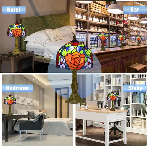 Vista 5 de Tiffany Style Lamp Rose Flower Lámpara de mesa de vidrieras rosa roja 8 x 8 x 14 pulgadas lámpara de escritorio de oficina en casa luces decorar