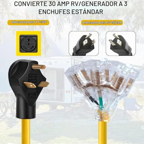 Vista 3 de Adaptador de distribución RV de 30 amperios a 110 V, 20 amperios, NEMA TT