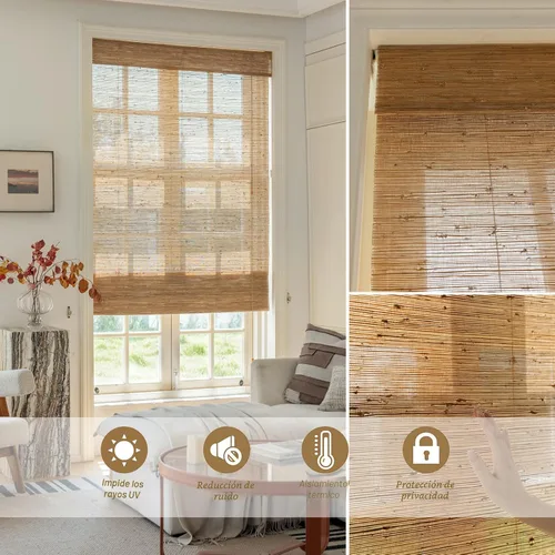 Vista 4 de DEJAVU Persianas romanas de bambú inalámbricas, opacas con filtro de luz para ventanas de interior, persianas tejidas naturales con cenefa