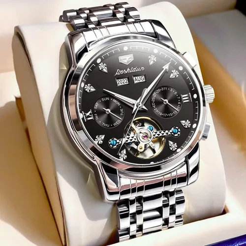 Vista 2 de JSDUN Relojes para hombre automáticos de esqueleto Tourbillon con diamantes de cuerda automática, reloj de pulsera de acero inoxidable, impermeable