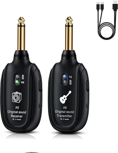 Vista 9 de Sistema de guitarra inalámbrico A8 UHF, 2 modos, batería recargable de litio, rango de 100 pies, Plug & Play para guitarra, bajo, violín, teclado