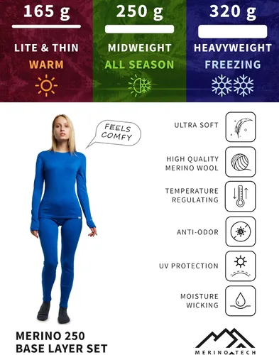 Vista 5 de Merino.tech Conjunto de capa base de lana merino para mujer, ropa interior térmica ligera de lana merino de peso medio para mujer, parte superior e