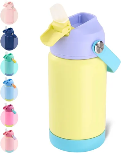 Vista 39 de Kerilyn - Botella de agua para niños, de acero inoxidable, con pajilla a prueba de fugas, con aislamiento térmico, libre de bisfenol A, unisex