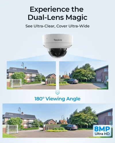 Vista 2 de REOLINK Cámara IP PoE de doble lente 4K 8MP 180°, IK10 a prueba de vandalismo, detección de personas/vehículos/animales, visión nocturna a