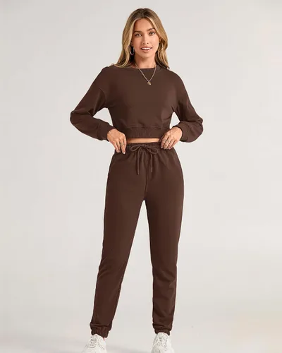 Vista 81 de BTFBM Conjunto deportivo de 2 piezas para mujer, camiseta corta de manga larga, sin botones, pantalón con cordón ajustable, pantalones deportivos