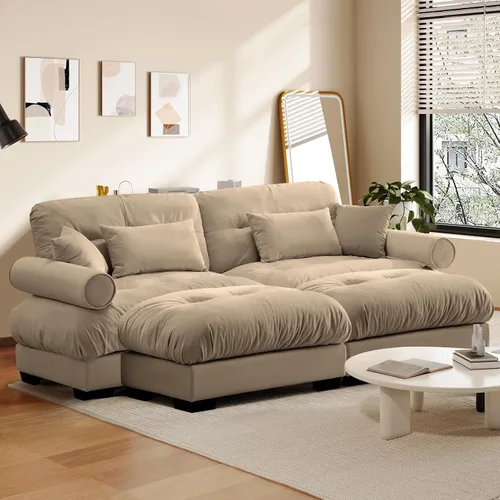 Vista 75 de Reposapiés Otomano Tapizado de Terciopelo con Cojín para Sofá Seccional Sofá 300 libras para Sala de Estar (Beige)