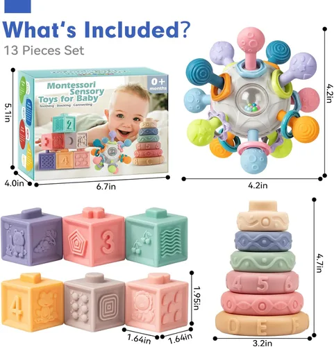 Vista 8 de Conjunto de Juguetes Sensoriales y de Dentición para Bebés, Juguetes Montessori para Bebés de 6-12 Meses, Incluye Sonajero, Mordedor para Recién