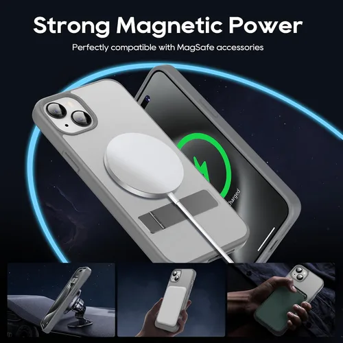 Vista 5 de Funda magnética para iPhone 15 Plus con soporte, soporte delgado con protector de pantalla compatible con MagSafe a prueba de golpes, translúcidas