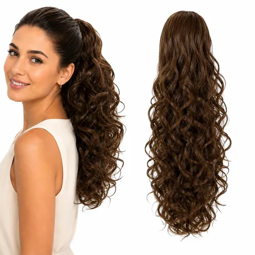 Vista 11 de CAISHA Extensiones de cola de caballo de 18 pulgadas, voluminosas, onduladas, marrón ceniza, mezcla de rubio claro PH35