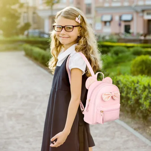 Vista 6 de Mini mochila de cuero con lentejuelas y orejas de ratón para niñas, mochila pequeña, regalo para adolescentes y niñas pequeñas, Rosado, Mochilas