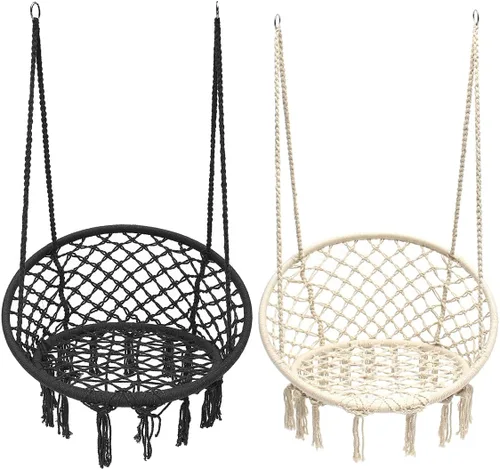 Vista 8 de Garpans Hamaca de macramé, estilo bohemio, hamaca con borlas, columpio colgante hecha a mano, cuerda de algodón tejida a mano para interiores y Beige