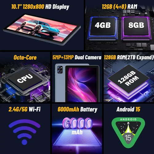 Vista 2 de JUNYANG Tablet, Android 15 Tablets de 10.1 pulgadas con Octa-Core, 12GB+128GB+ 2TB ampliable, Tablet PC de pantalla táctil HD grande para adultos