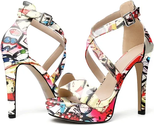 Vista 4 de AUMOTED Sandalias de punta abierta con tiras cruzadas para mujer, plataforma con correa al tobillo, tacón alto, zapatos de vestir, zapatos de tacón