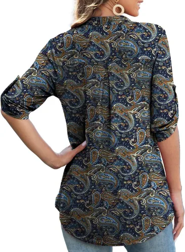 Vista 3 de Othyroce - Blusa estilo túnica con estampado floral para mujer, manga 34 enrollable, cuello en V