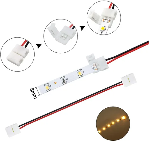 Vista 2 de LightingWill - Paquete de 10 conectores de tira a tira con cable. Sin soldadura. Conector de tira LED de 2 pines para tiras LED flexibles de 8 mm