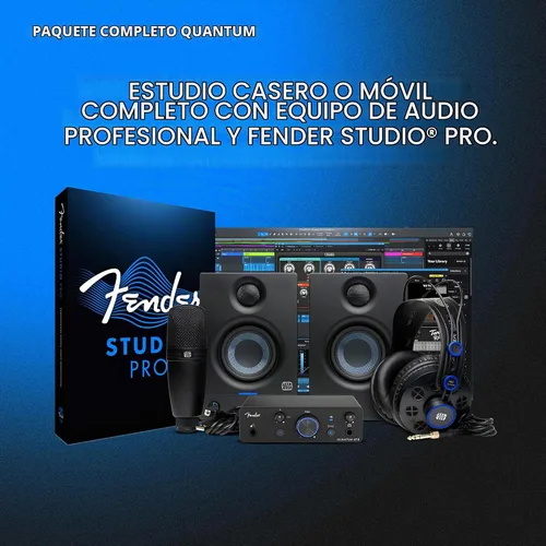Vista 3 de Paquete completo de grabación Fender Quantum con interfaz USB Quantum LT2, micrófono, altavoces, auriculares y software de grabación. Paquete todo