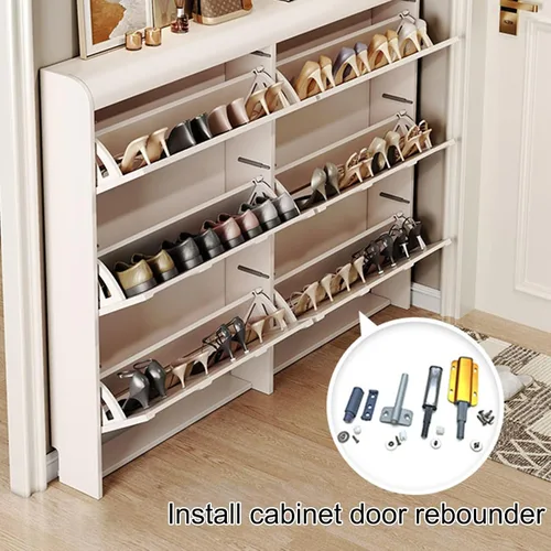 Vista 7 de DTREEL Zapatero para entrada, organizador de almacenamiento de zapatos estrecho blanco, zapatero abatible de madera de 4 niveles para pasillo, sala