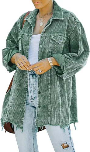 Vista 10 de Hixiaohe Chaqueta Camisa de Pana con Botones Holgada Casual para Mujer Abrigo Lavado Retro Shacket Verde militar