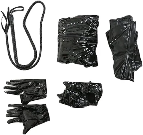 Vista 6 de Disfraz de cuerpo completo negro de gatúbela para mujer, cosplay de Noche de Brujas, incluye máscara y látigo, por Miccostumes