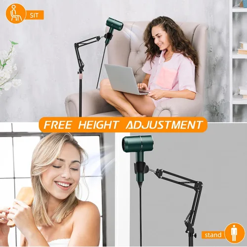 Vista 4 de Soporte para Secador de Pelo, Altura Ajustable de 1.68M, Soporte para Secador de Manos Libres con Base Pesada, Rotación de 360 Grados, Funciona
