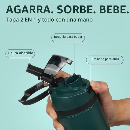 Vista 2 de BJPKPK Botella de agua aislada de 17 onzas con tapa de popote y asa, acero Verde militar