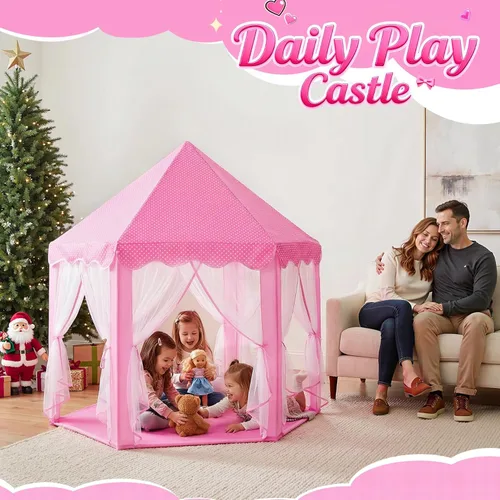 Vista 2 de wilwolfer Tienda de campaña tipo castillo de princesa para niñas, tienda de campaña hexagonal grande para jugar, casa de juegos con luces de Tienda