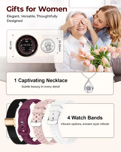 Vista 2 de Reloj inteligente para mujer, rastreador de actividad física HD de 1.27 pulgadas con 4 bandas y juego de regalo de collar, monitor de sueño SpO2