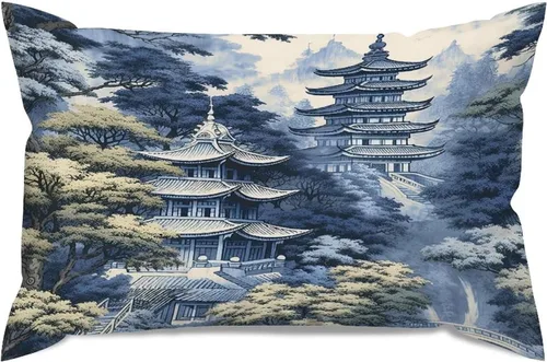 Vista 32 de Chinoiserie - Fundas de almohada decorativas de porcelana azul y blanca con patrón de edificios de estilo chino de 12 x 20 pulgadas, fundas de cojín